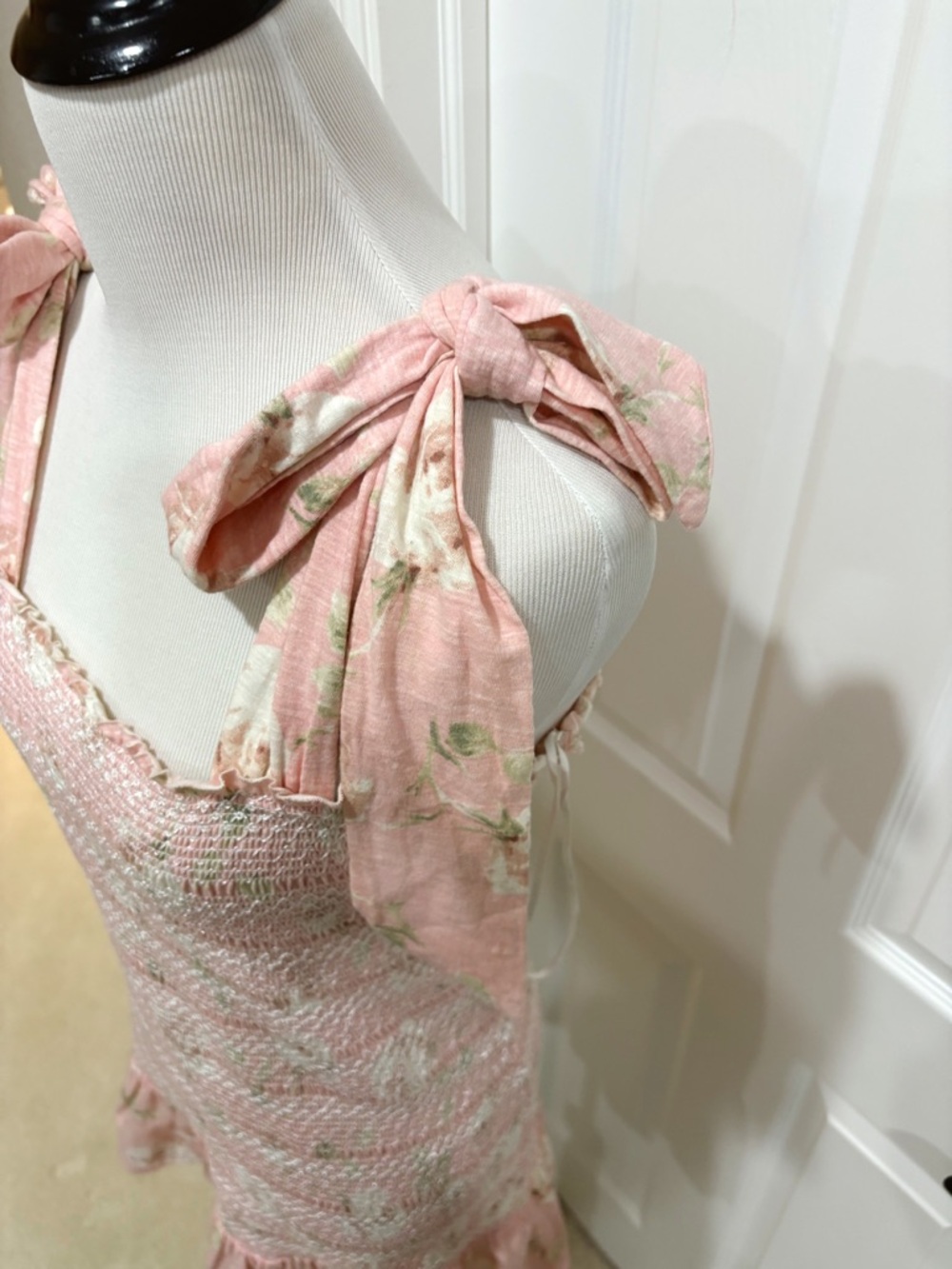 NWT LoveShackFancy Pink Norna Dress Ballet Pink Floral Tie-Shoulder Dress Large - Picture 4 of 11